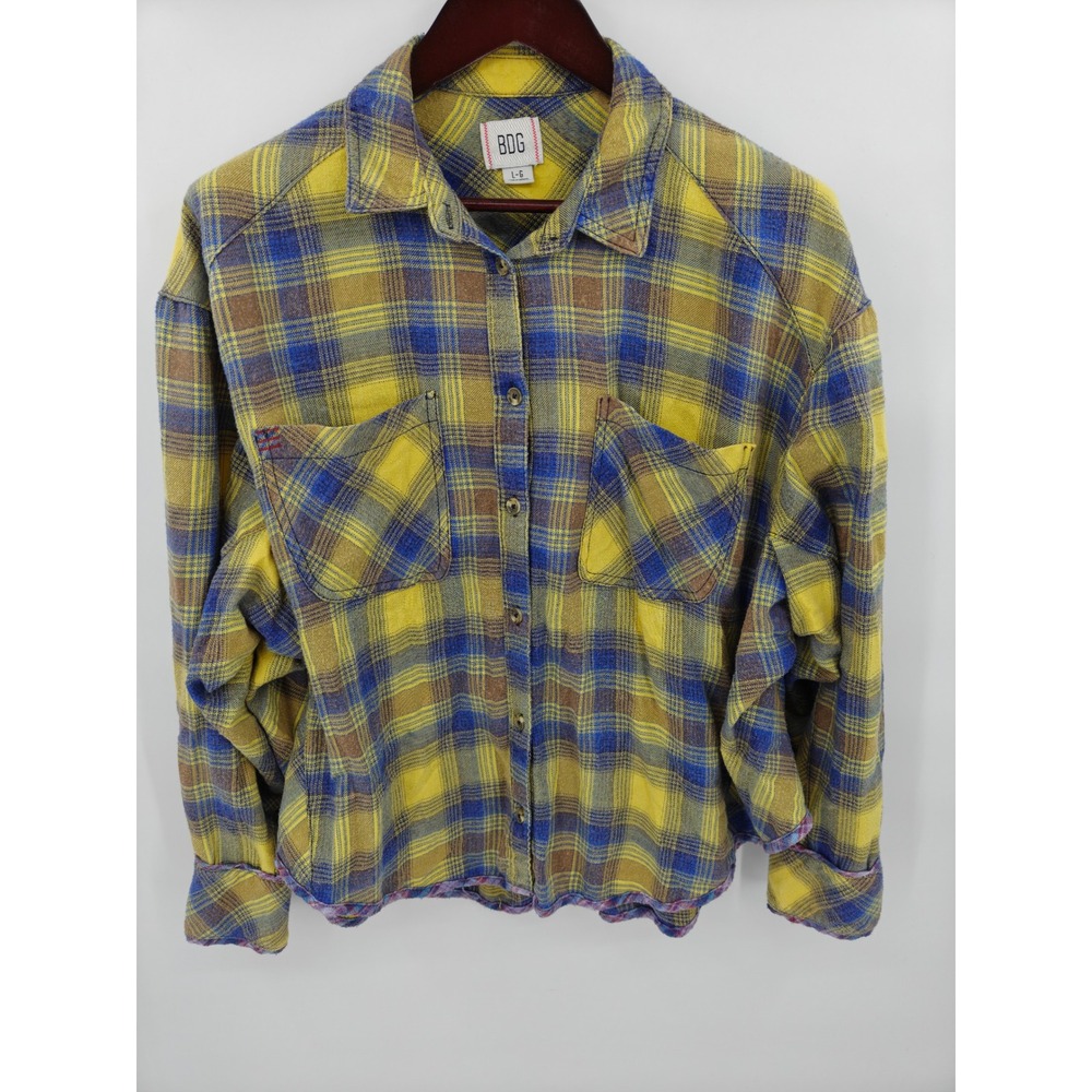 BDG Urban Outfitters Yellow Blue Plaid Flannel Button Down Shirt Large